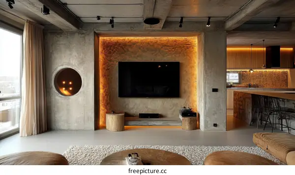 Modern Concrete Living Room with TV Wall