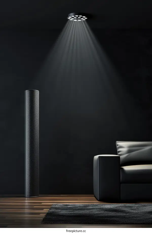 Black leather sofa in a dark room with a spotlight