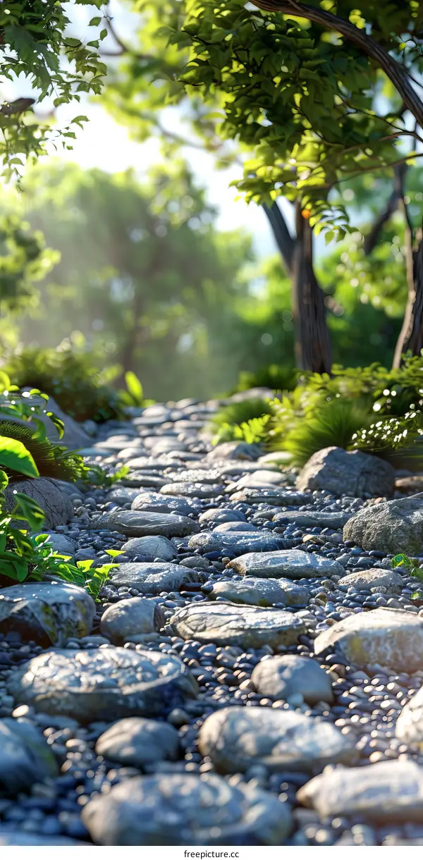 Stone path through a lush sunlit forest