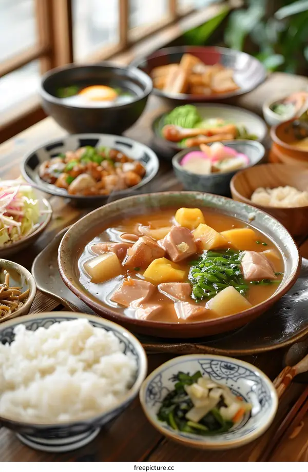 Japanese set meal with various dishes
