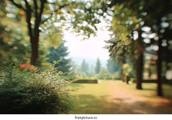 Blurred Park Scene with Sunlight and Lush Greenery