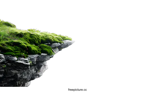 [Transparent Background PNG]Green Moss Covered Cliff Edge Isolated on White Background