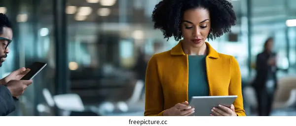 Businesswoman using a tablet in a modern office setting
