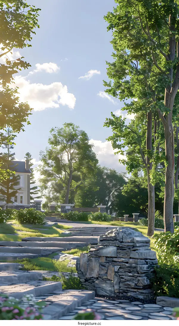 Stone Steps Leading to a  House in a Lush Garden with a  Blue Sky