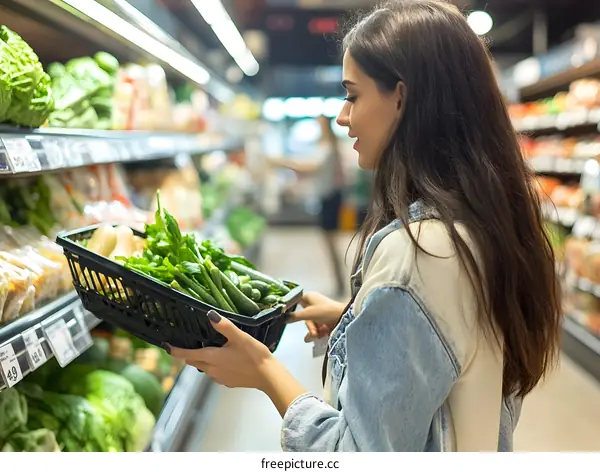 Young Woman Shopping for Fresh Vegetables at Grocery Store