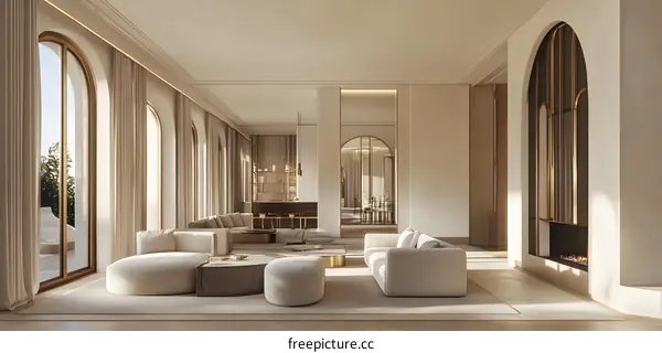 Modern Living Room Interior Design With Arch Windows And Fireplace