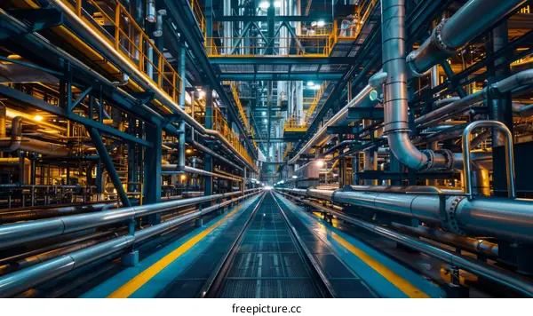 A complex industrial interior with a long walkway and pipes