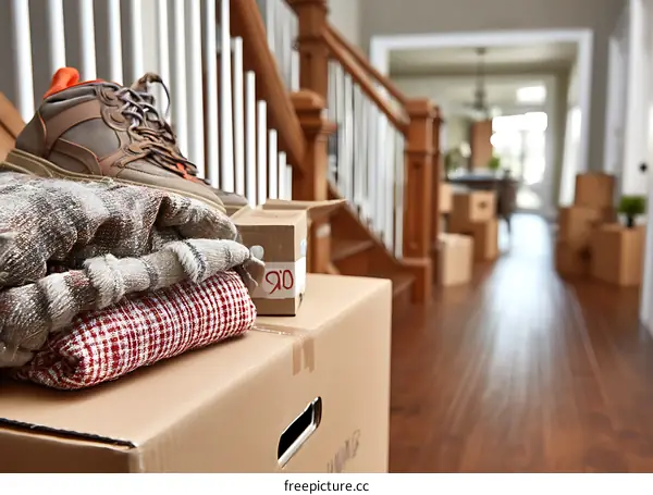 Moving Day: Clothes and Boxes in a Hallway