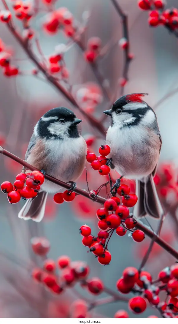 Two birds on a branch with red berries