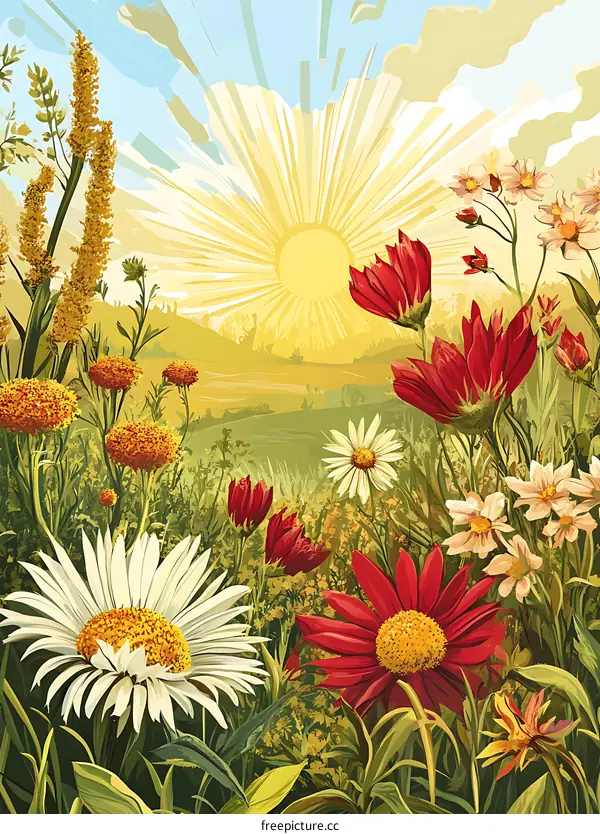 Sunrise in Field of Flowers Illustration