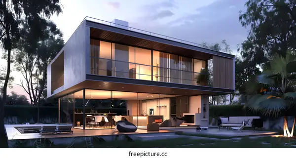 Modern House with Large Windows and Wooden Beams