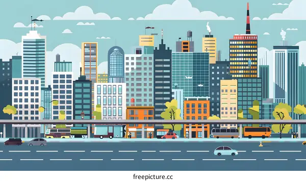 Flat Design Cityscape Illustration With Buildings, Cars and Busses