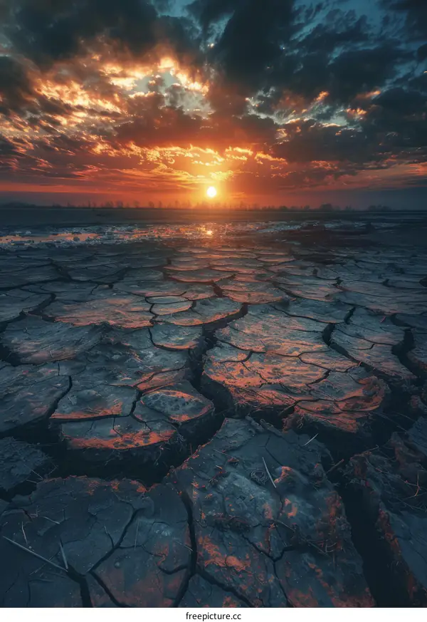 Cracked Earth under Fiery Sunset