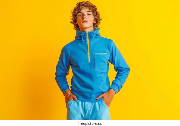 Young Caucasian Man in Trendy Blue Sporty Outfit