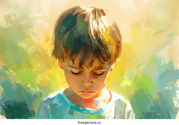 Little boy looking down with a sad face