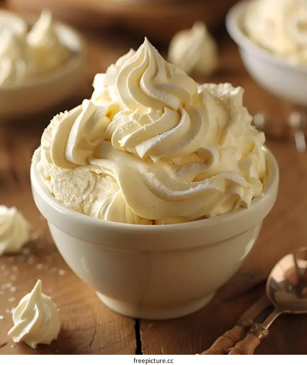 Close up of a bowl of vanilla soft serve ice cream