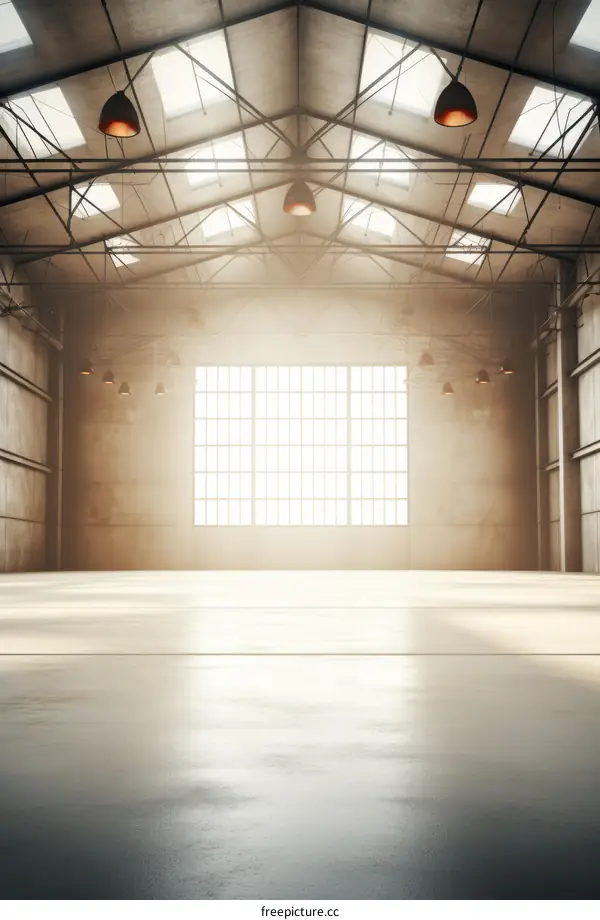 Large empty warehouse with large windows