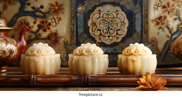 Three Traditional Chinese Jade Lotus Flowers On Bamboo