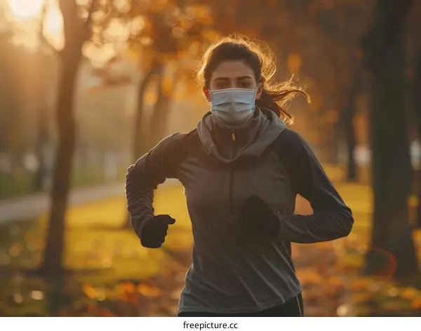 Young woman running in a park during the COVID-19 pandemic