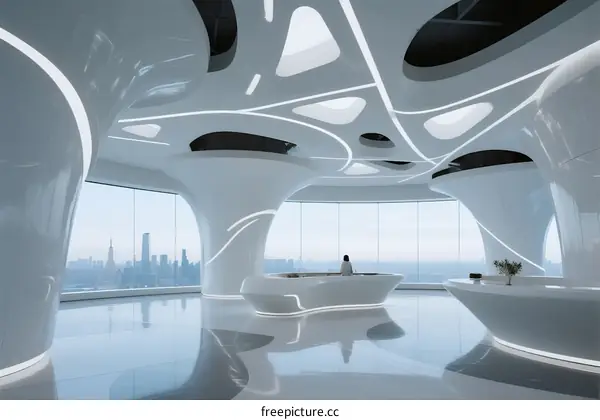 Modern White Curved Interior with Panoramic City View
