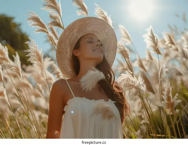 Woman in White Dress and Straw Hat Standing in Field of Grass