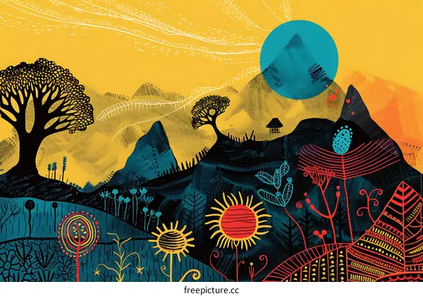 Abstract Landscape With Colorful Flowers And Mountains