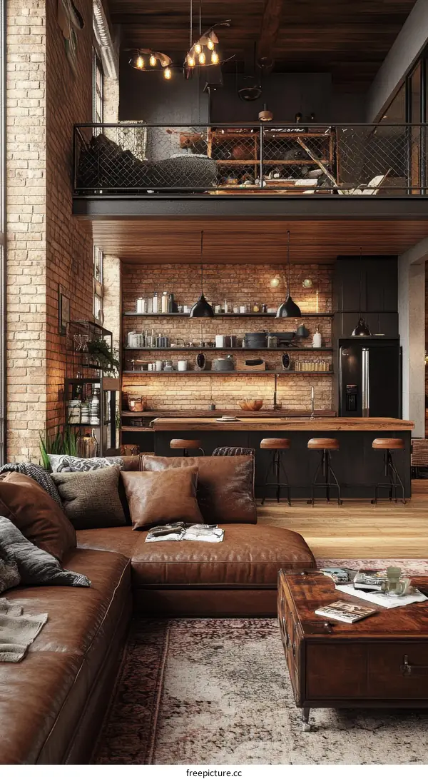 Industrial Loft Living Room with Open Kitchen