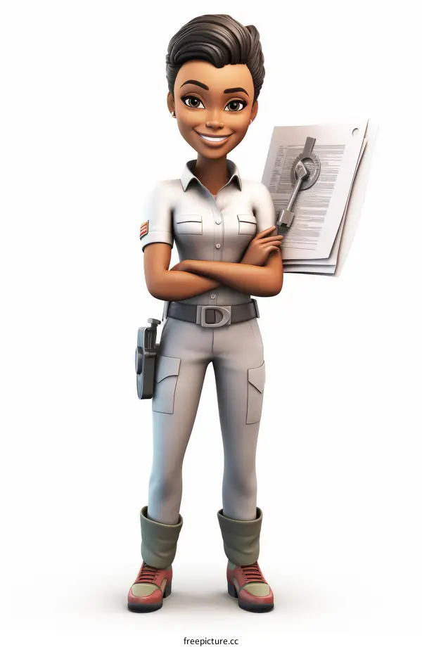 A smiling African female park ranger standing with crossed arms
