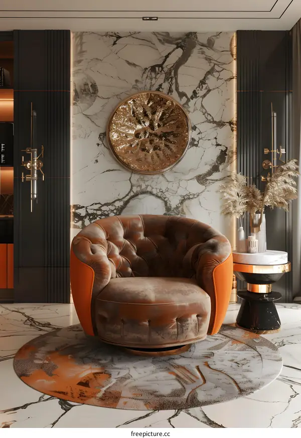 Orange velvet armchair in a modern living room