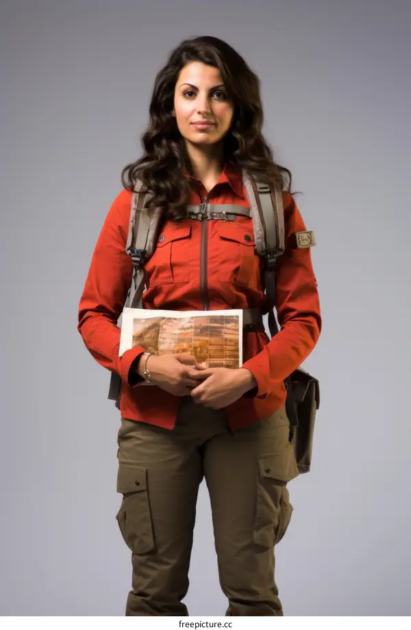 Portrait of a young woman wearing outdoor gear and holding a map