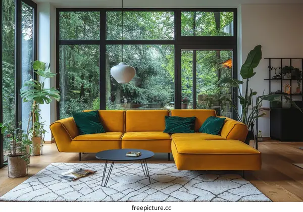 Modern Mustard Yellow Sectional Sofa in a Sunny Living Room