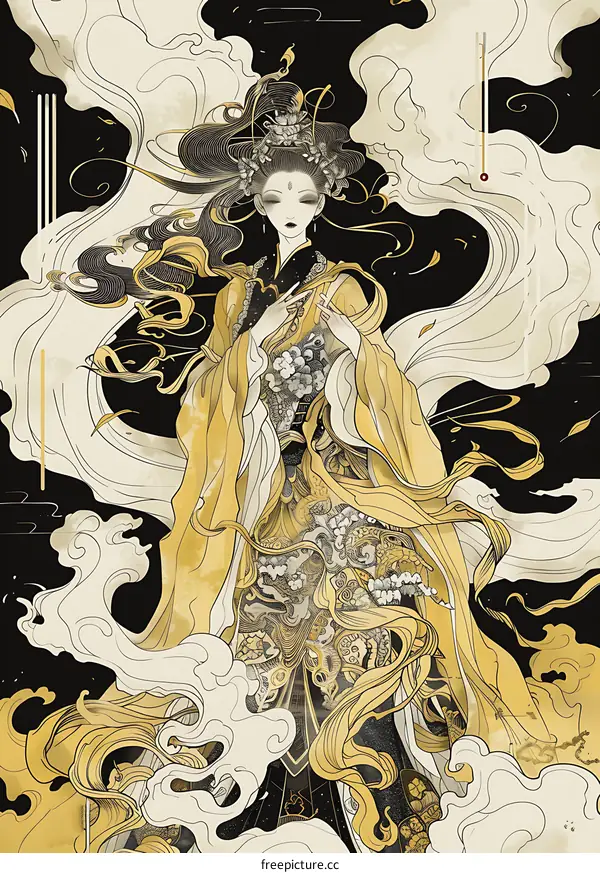 Elegant Chinese Woman in Gold and White Illustration