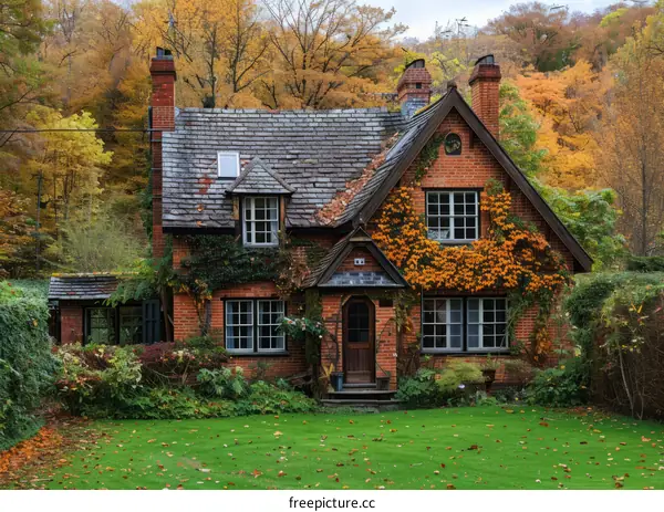 Charming English countryside cottage surrounded by autumn leaves