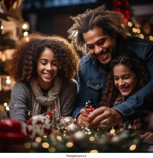 A family of three is decorating a Christmas tree together.