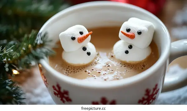 Cute Snowman Marshmallows in Hot Chocolate