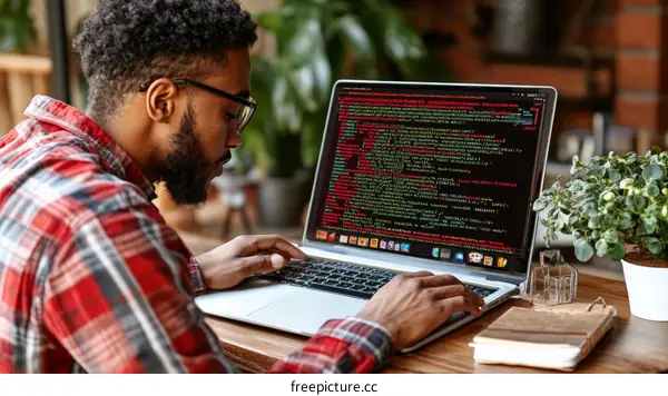 African American Man Working on Laptop in Cafe