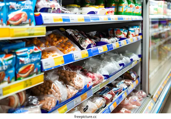 Refrigerated Food Products On Shelves In Grocery Store