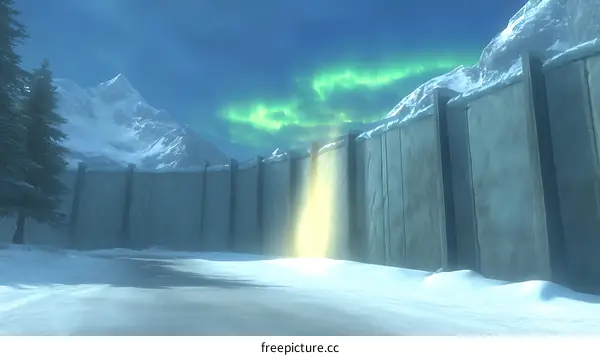 Snowy Mountain Range with Large Stone Wall and Aurora Borealis