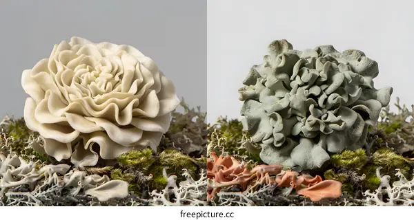 Two White and Green Flowers on Mossy Background