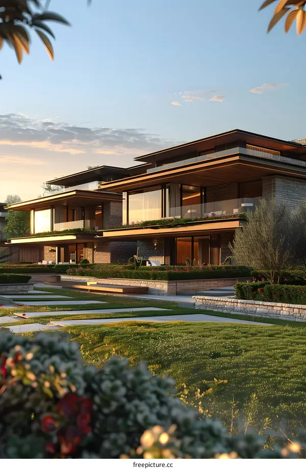 Modern exterior of a two-story house with large windows and a green lawn in front