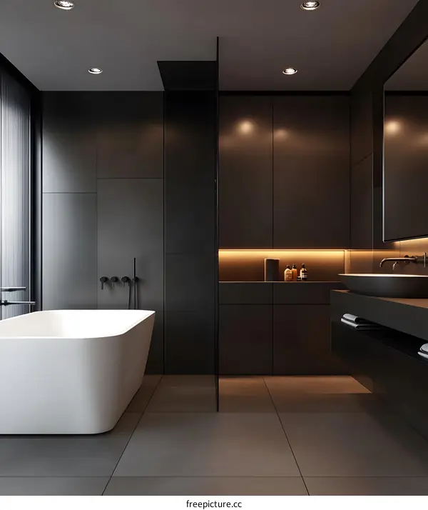 Modern Bathroom Interior Design with Black Tiles and White Bathtub