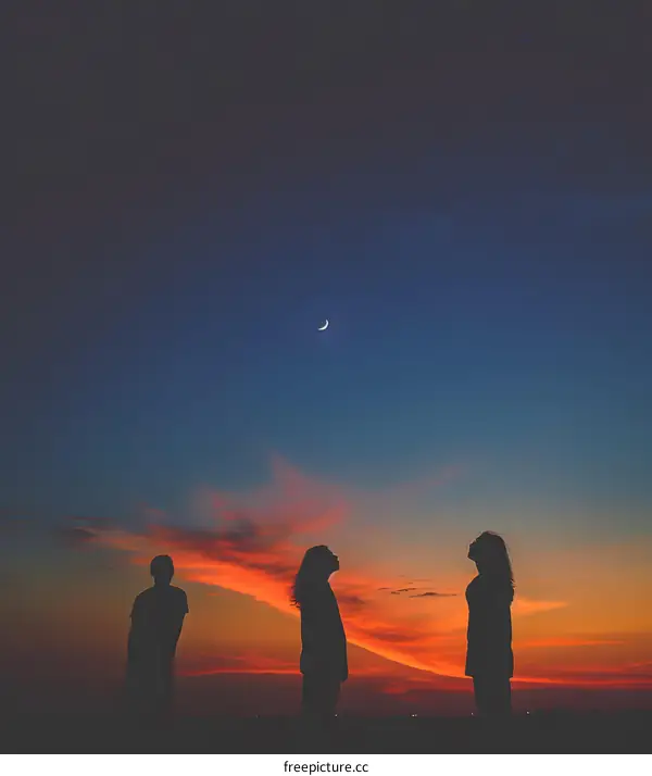 Silhouettes of Three People Looking at the Moon During Sunset
