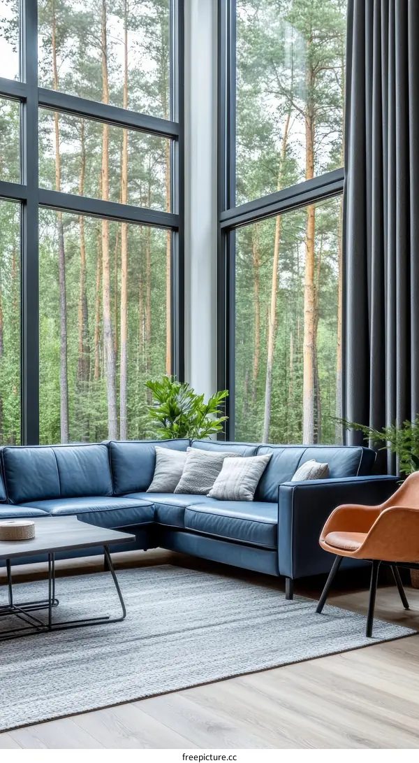 Modern Living Room with Large Windows and Forest View