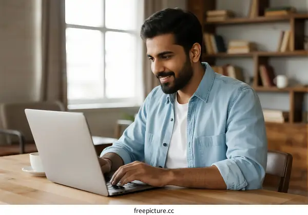 Man Using Laptop for Work at Home Office