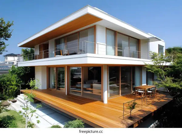 Modern White House with Wooden Deck and Large Windows