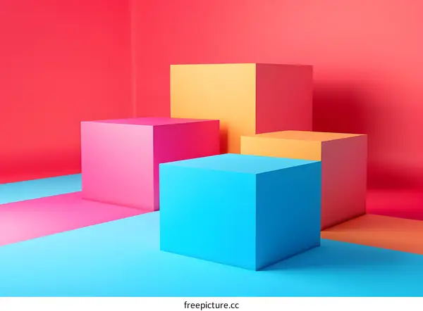 Four 3D cubes of different colors on a pink and blue background