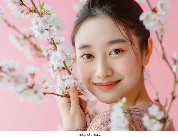 Smiling Woman with White Flowers in Front of a Pink Background