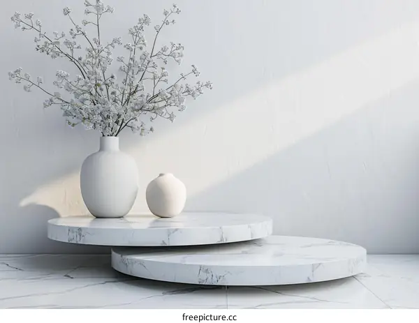 White Marble Vase with White Flowers on a White Marble Podium