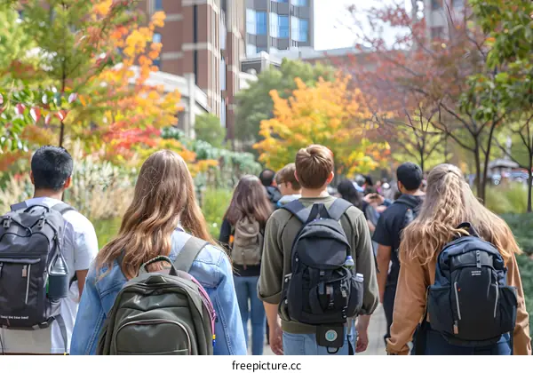 Students Walking Through Campus With Backpacks During Autumn