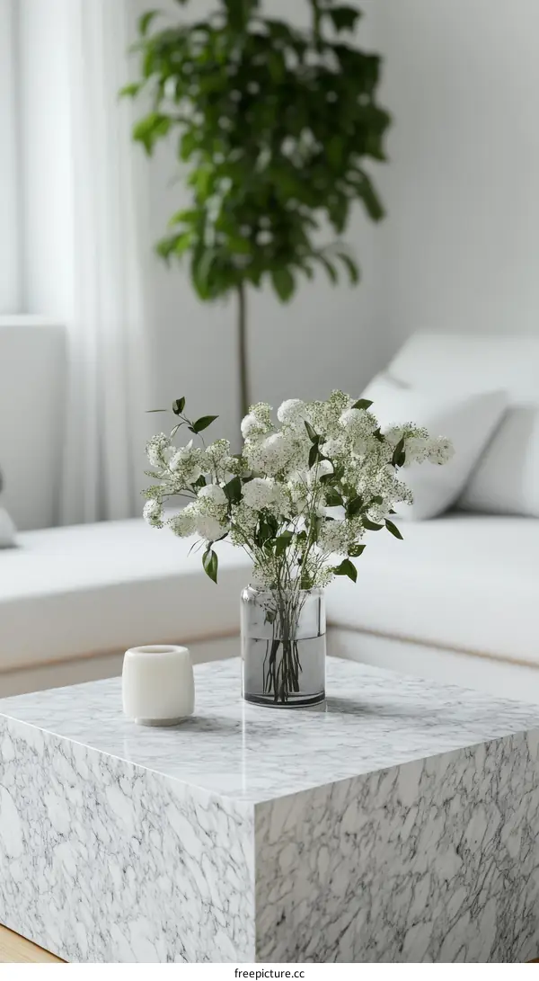 Modern Minimalist Marble Coffee Table with Flowers